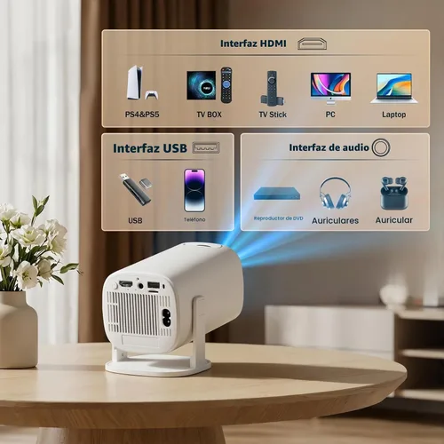 Vista 4 de Mini proyector con WiFi y Bluetooth, proyector inteligente portátil 4K con Android 14 integrado, pantalla de 130", proyector de película