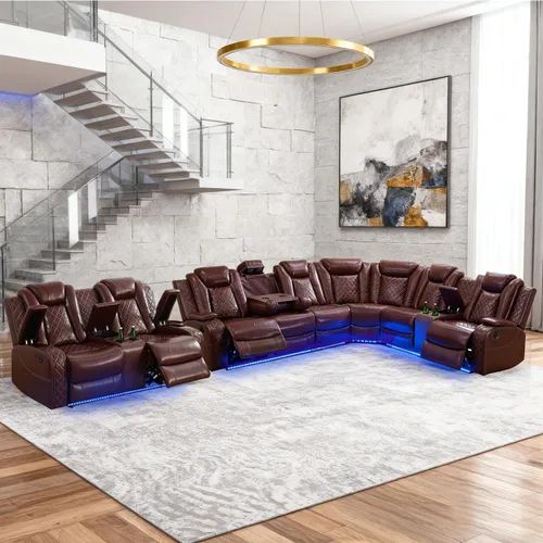Vista 24 de Juego de sofá modular reclinable eléctrico para sala de estar, juego de sofá reclinable de cuero con luces LED / almacenamiento oculto, sofá