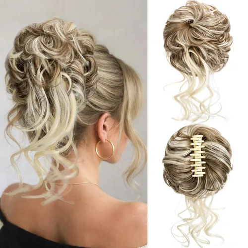 Vista 14 de 2 piezas de Extensiones de Cabello Estilo Moño Despeinado, QIAORUIXIN Extensiones de Cabello Superlargas Estilo Moño Alborotado, Envoltura Ondulada