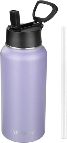 Vista 7 de Botella de agua aislada con popote, botella de agua deportiva de acero inoxidable aislada al vacío de 32 onzas, mantiene el frío y el calor, botella