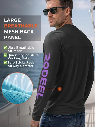 Vista 4 de Rodeel Camisas de pesca para hombre de manga larga que absorbe la tela UPF 50 protección solar camisa de rendimiento a. Negro