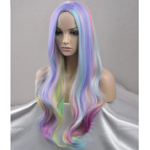Vista 3 de BERON - Peluca larga y rizada multicolor con encanto para fiestas de cosplay y niñas con gorro de peluca colorido