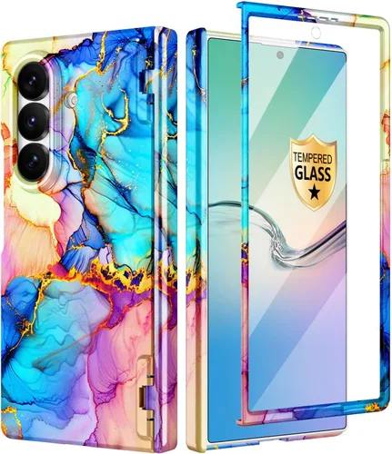 Vista 58 de Btscase Funda para Samsung Galaxy Z Fold 5, protector de pantalla frontal integrado, patrón de mármol dorado con purpurina de policarbonato duro