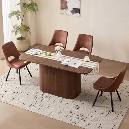 Vista 12 de Juego de 4 mesas de comedor grandes de 63 pulgadas para 4, esquinas redondeadas, mesa de cocina rectangular moderna de madera con sillas Boucle