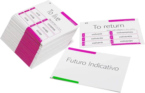 Vista 7 de 800 tarjetas de conjugación en español - 200 verbos con ejemplos completos en español e inglés y 9 tiempos diferentes