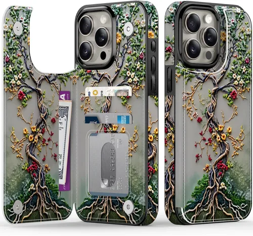 Vista 28 de FUNMIKO Funda tipo cartera para iPhone 15 con tarjetero + clip para efectivo, bloqueo RFID, protección contra caídas de grado militar y obras