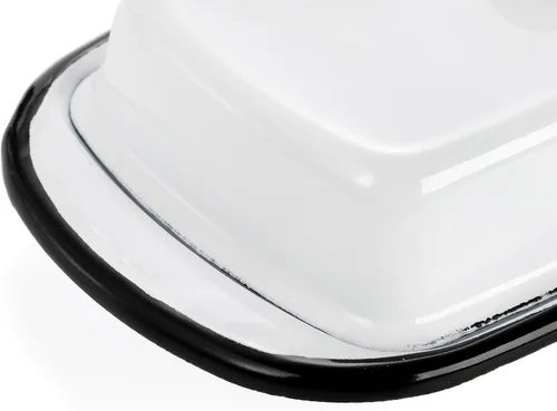 Vista 4 de Mantequillera esmaltada con tapa, bandeja de mantequilla blanca esmaltada vintage, soporte para mantequillas de borde negro, recipiente