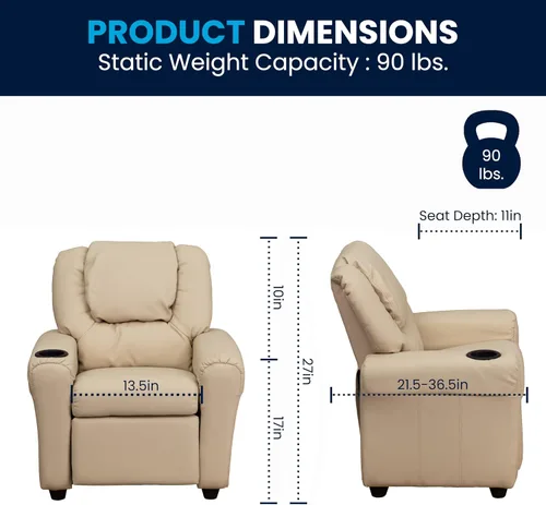Vista 2 de Flash Furniture - Sillón reclinable contemporáneo para niños, color beige vinilo con base para vasos y reposacabezas