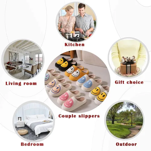Vista 6 de rosyclo Smile Face Slippers Retro Soft Plush Cozy House Slippers Slip-on Fluffy Indoor Outdoor Smile Slippers for Women and Men