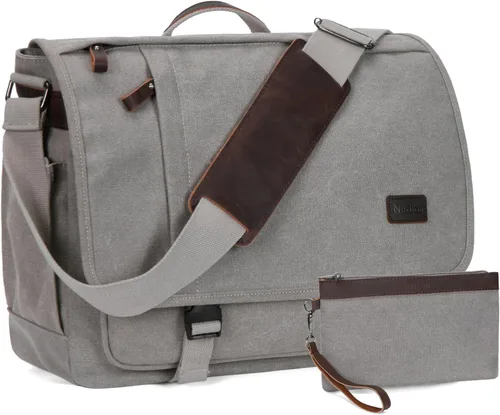 Vista 9 de NerIion Bolsa de Mensajero para Hombres de 17-17.3 Pulgadas, Bolsa de Laptop de Lona Resistente al Agua, Bolsa de Hombro, Maletín de Trabajo, Marrón