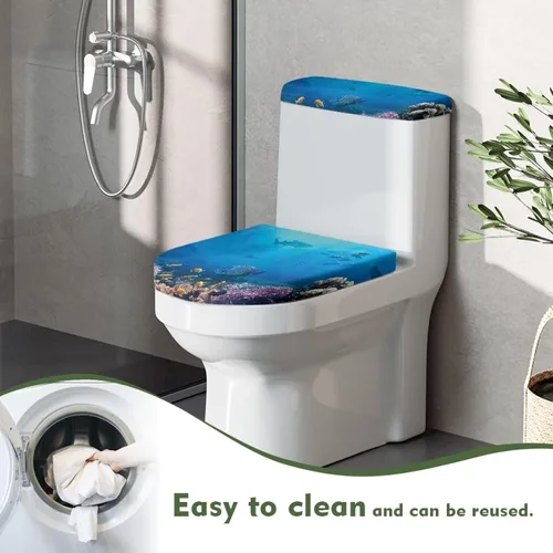 Vista 3 de Ystardream Juego de 2 fundas de inodoro y fundas de asiento de mar profundo, fundas de tapa de asiento de inodoro, fundas lavables para tanque
