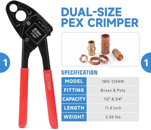 Vista 2 de iCRIMP ICP-1234AH Kit de Herramientas de Crimpado PEX - Anillos de Crimpado de Cobre de 1/2 pulgada y 3/4 pulgada, Crimpadora de Doble