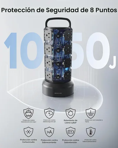 Vista 8 de Regleta de alimentación con protector de sobretensión de torre, JACKYLED 16 tomas 6 USB (2 USB C) estación de carga, cable de extensión con Negro