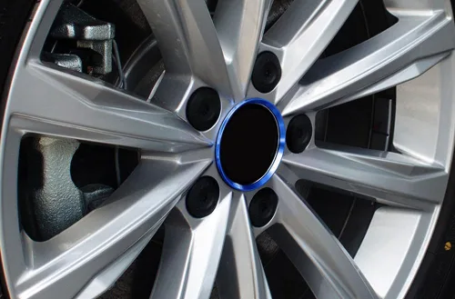 Vista 5 de iJDMTOY 4 tapas centrales de aluminio anodizado de aluminio azul que rodea el anillo de decoración compatibles con Volkswagen de 2.16 a 2.73