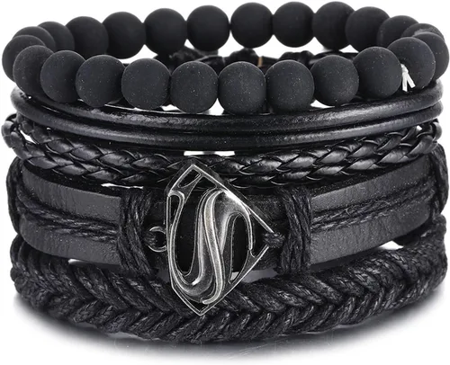 Vista 5 de Pulsera de cuentas vintage para hombre, pulsera de cuero triángulo hueco de moda, pulsera multicapa ancha envuelta para hombres
