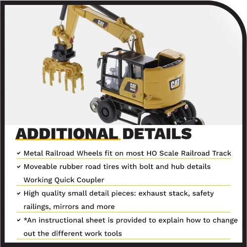 Vista 5 de Excavadora de ruedas para ferrocarril Caterpillar M323F 1:87 - Versión amarilla Cat - (HO) Modelo de la serie High Line por Diecast Masters - 85656