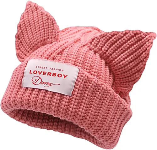 Vista 7 de Cat Ear Beanie Y2K Cute Knit Hat with Ears Warm Crochet Hat Skull Cap for Women Men Beige
