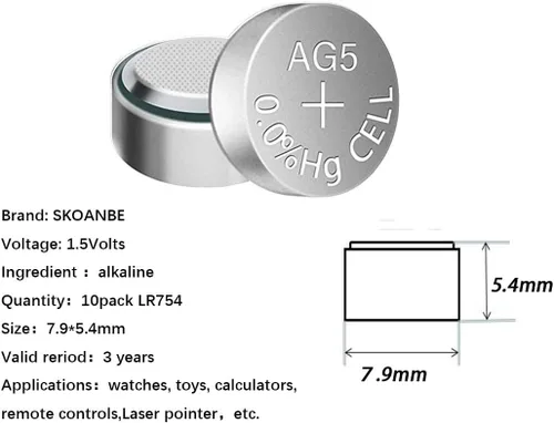 Vista 2 de SKOANBE Baterías de botón de reloj LR754 309/393 ag5 1.5V para láser (paquete de 10)