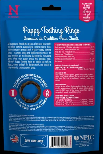 Vista 2 de N-Bone Anillos de dentición para cachorros, sin granos, sabor a arándano y barbacoa, bolsa de 6 unidades, 7.2 onzas