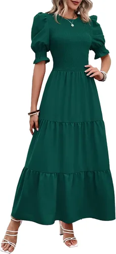 Vista 154 de BTFBM Vestidos para mujer, cuello redondo, casual, de verano, con volantes, manga corta, bohemio, con niveles, fruncido, largo, con estampado floral