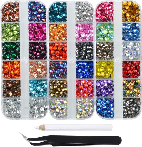 Vista 9 de Massive Beads Más de 9500 diamantes de imitación termoadhesivos redondos de vidrio con parte trasera plana para hacer tú mismo con 1 pinza y 1 12