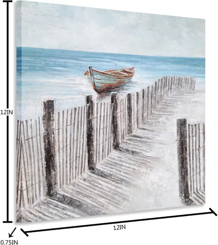 Vista 2 de Yihui Arts - Lienzo decorativo para pared de playa con diseño de bote azul y gris costero náutico cuadrado, pintura artística para decoración