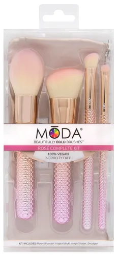 Vista 8 de MODA Juego de brochas de maquillaje de rosas metálicas, kit completo para rostro y ojos, filamentos sintéticos veganos, brochas de base, polvo
