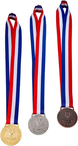 Vista 2 de Medallas de premio al ganador de oro, plata, bronce, hechas de metal sólido estilo olímpico con cinta premium, juego de 3