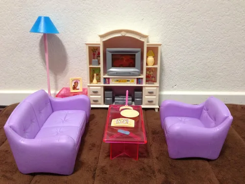 Vista 3 de Casa de muñecas tamaño Barbie con muebles, sala de estar con set TV/DVD y vitrina
