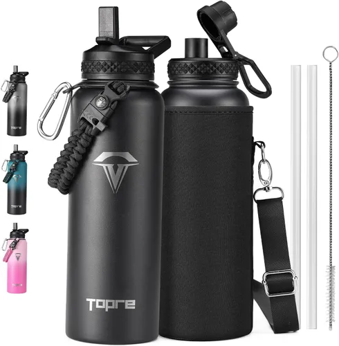 Vista 12 de Topre Botella de agua aislada de 32 onzas, botella de agua al vacío de acero inoxidable, sin BPA y a prueba de fugas - con asa de paracord, correa