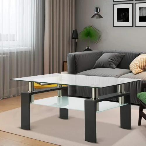 Vista 2 de Mesas de café para sala de estar, estante de almacenamiento de 2 capas rectangular de cristal para té negro