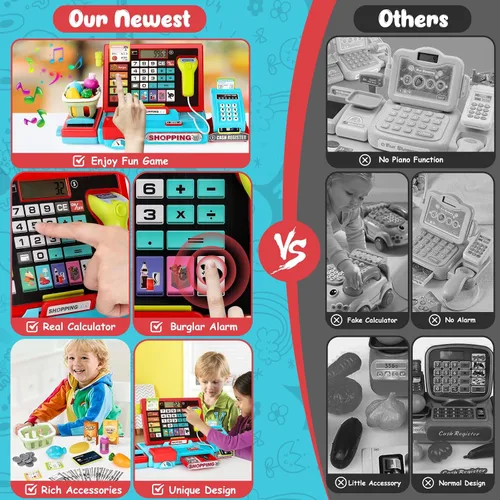 Vista 6 de maysida 52 PIEZAS Caja Registradora de Juguete para Niños con Sonido Música/Escáner/Micrófono/Tarjeta de Crédito/Dinero de Juego, Juguete