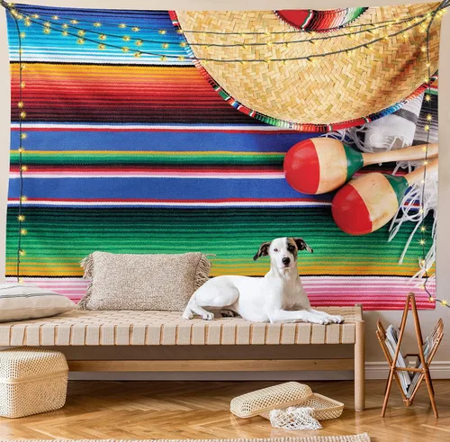 Vista 8 de Lunarable Tapiz mexicano, impresión temática de cultura mexicana de un sombrero de maracas y serape, alfombra de arte popular, decoración de tela