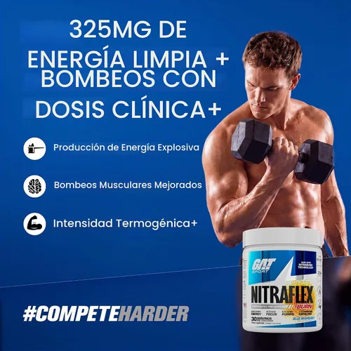 Vista 2 de GAT SPORT NITRAFLEX Burn, Frambuesa Azul, 7.23 oz (30 porciones)