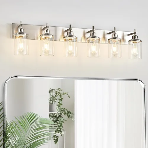 Vista 12 de Lanhall Lámpara de baño de 3 luces, estilo granja, vintage, sobre espejo, de metal pintado en madera y negro con pantalla de cristal, enchufe E26