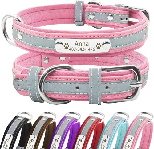 Vista 13 de Collares reflectantes personalizados para perros con acolchado de neopreno, collar de perro grabado personalizado con placa de nombre para perros