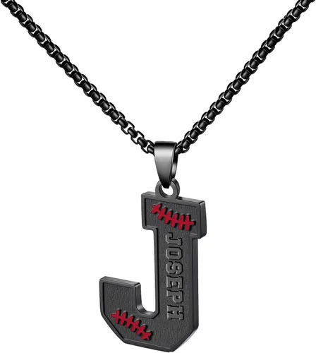 Vista 50 de Ldurian Collar personalizado con nombre de béisbol, cadena negra de acero inoxidable, collar con nombre deportivo, letra A-Z de 24 pulgadas, regalos