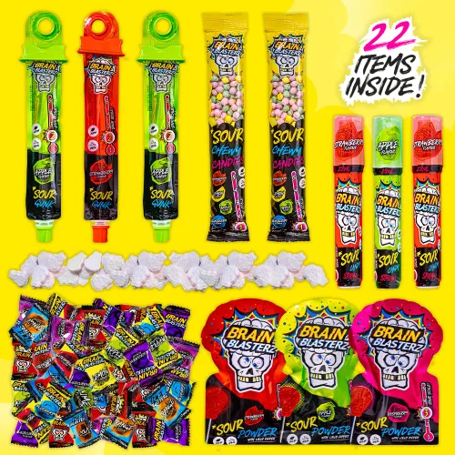 Vista 2 de Brain Blasterz Paquete variado de caramelos súper ácidos MEGA, caja de caramelos ácidos con 22 piezas, caramelos navideños, paquete variado