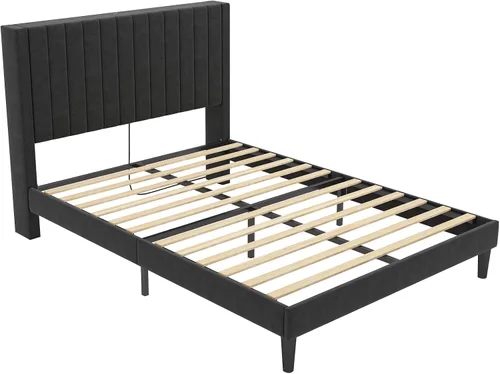 Vista 8 de VanAcc Base de cama tamaño Queen, plataforma tapizada de terciopelo con cabecera capitoné de canal, base de colchón con listones de madera,