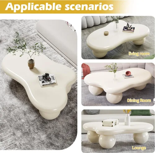 Vista 5 de Mesa de centro en forma de nube de 40 pulgadas, modernas mesas de centro ovaladas irregulares con 3 bases, mesa central color crema para dormitorio