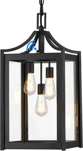 Vista 9 de Lámpara Colgante para Exteriores, 14" Luz Colgante Moderna Grande para Porche con Cadena Ajustable, Linterna Colgante Exterior Negra con Vidrio
