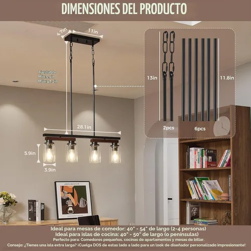 Vista 3 de 4 lámparas de isla de cocina y accesorios de iluminación de comedor de granja sobre mesa, colgante rústico ajustable para techo - Diseño giratorio