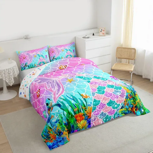 Vista 3 de Feelyou Juego de ropa de cama de sirena suave para niños y niñas, juego de edredón de escamas de peces oceánicos, tamaño individual, edredón