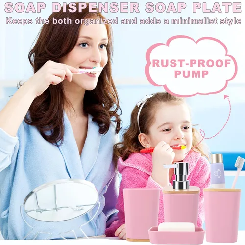 Vista 6 de Juego de accesorios de baño rosa con cortina de ducha y alfombras con purpurina, juegos de baño con alfombras de baño extrasuaves y absorbentes