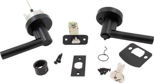 Vista 6 de Stone Harbor Hardware Zurich - Manija de puerta con roseta redonda, pestillo de entrada, llave KW, negro mate