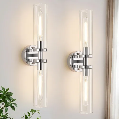 Vista 17 de Indoi Apliques de pared de níquel cepillado, apliques de baño cableados con vidrio transparente, modernos accesorios de tocador de baño para espejo