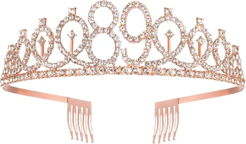Vista 2 de BRT Bearingshui Tiara de cumpleaños número 89 para mujer, tiara de oro rosa para suministros de fiesta de cumpleaños 89