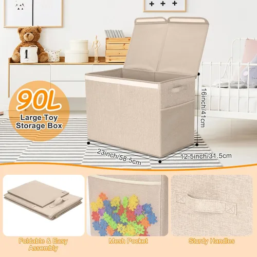 Vista 2 de Paquete de 3 Cajas Grandes de Almacenamiento de Juguetes de 23" con Cubos Contenedores de 11", Organizador Cofre de Juguetes Plegable con Tapas