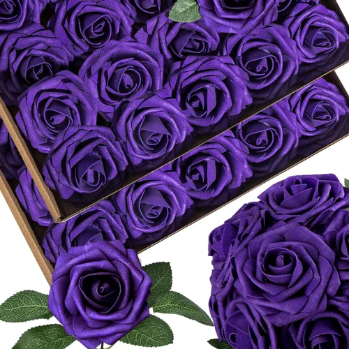 Vista 9 de 25 piezas Flores Artificiales de Espuma Rosas Falsas con Tallos 8 Hojas Rosas Sintéticas de Aspecto Real para Ramos de Boda Centros de Mesa de Negro