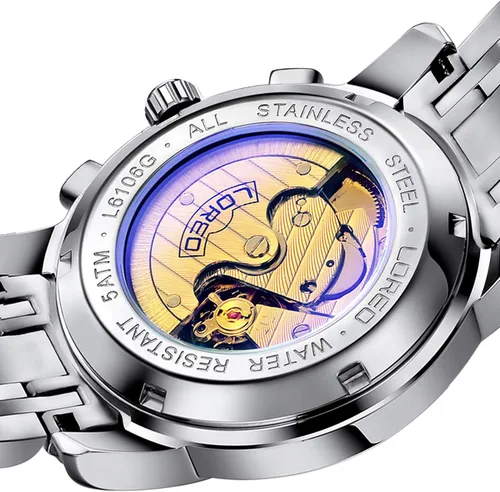 Vista 5 de LOREO - Reloj automático para hombre multifunción de acero inoxidable, cristal de zafiro, resistente al agua, color azul